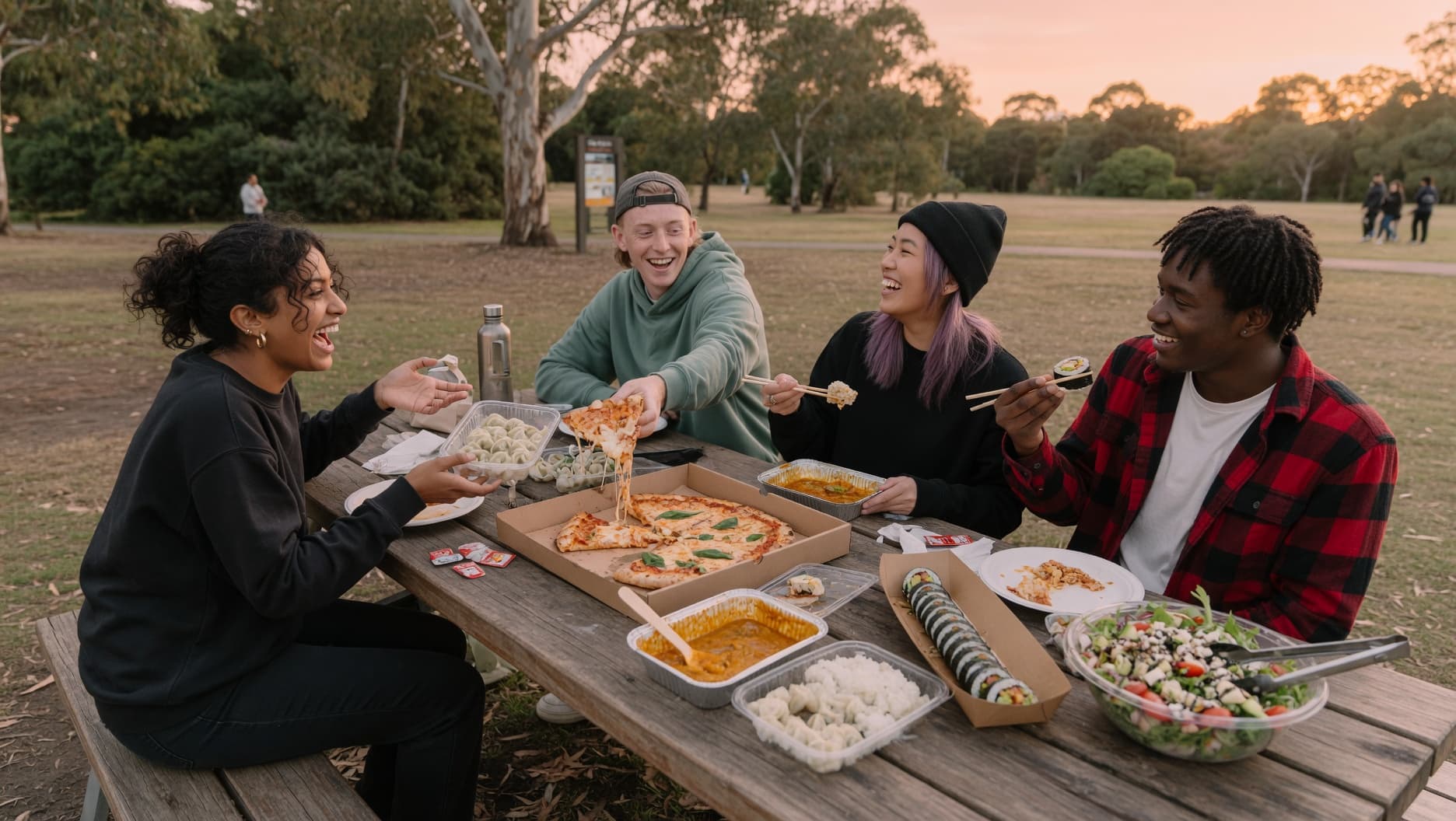 Neighbours sharing a meal together at a community table