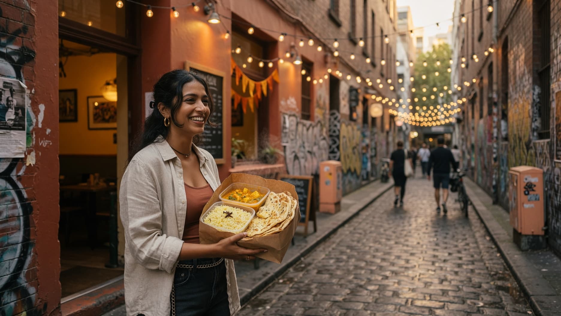 A young woman in a Melbourne laneway holding a takeaway box of rescued curry, rice and naan