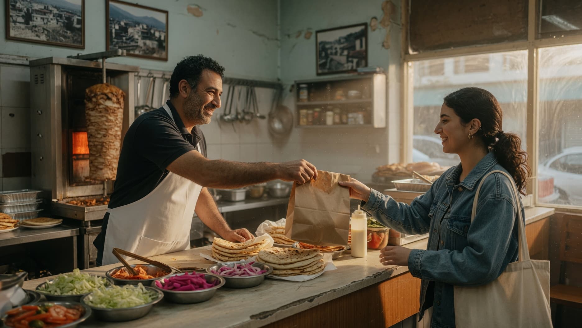 A restaurant staff member handing a packaged meal to a customer at the counter